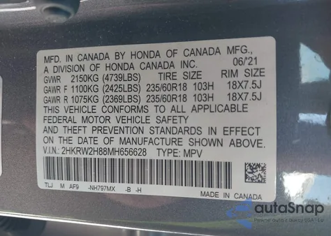 2021 Honda Cr-V Awd Ex-L z USA, uszkodzony, nr VIN 2HKRW2H88MH656628